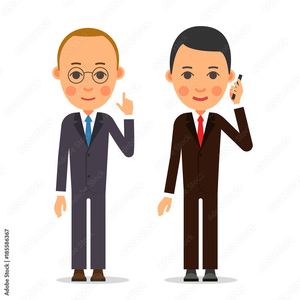 Business man. Businessman stands and lifting his index finger. Manager stands with phone in his hand. Dark suit, shirt, blue and red tie. Illustration in flat style Business man. Businessman stands and lifting his index finger. Manager stands with phone in his hand. Dark suit, shirt, blue and red tie. Illustration in flat style