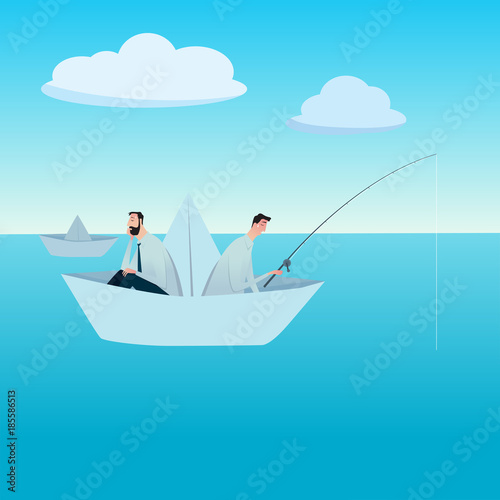 Men fishing on a paper boat. metaphor or symbol of overcoming adversity in strategy and finding leadership solutions corporate of success. Vector Illustration flat style.