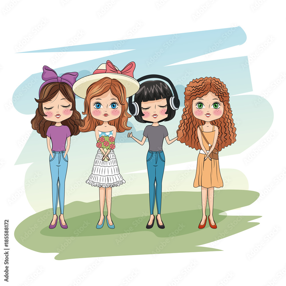 Cute girls friends cartoon icon vector illustration graphic design ...