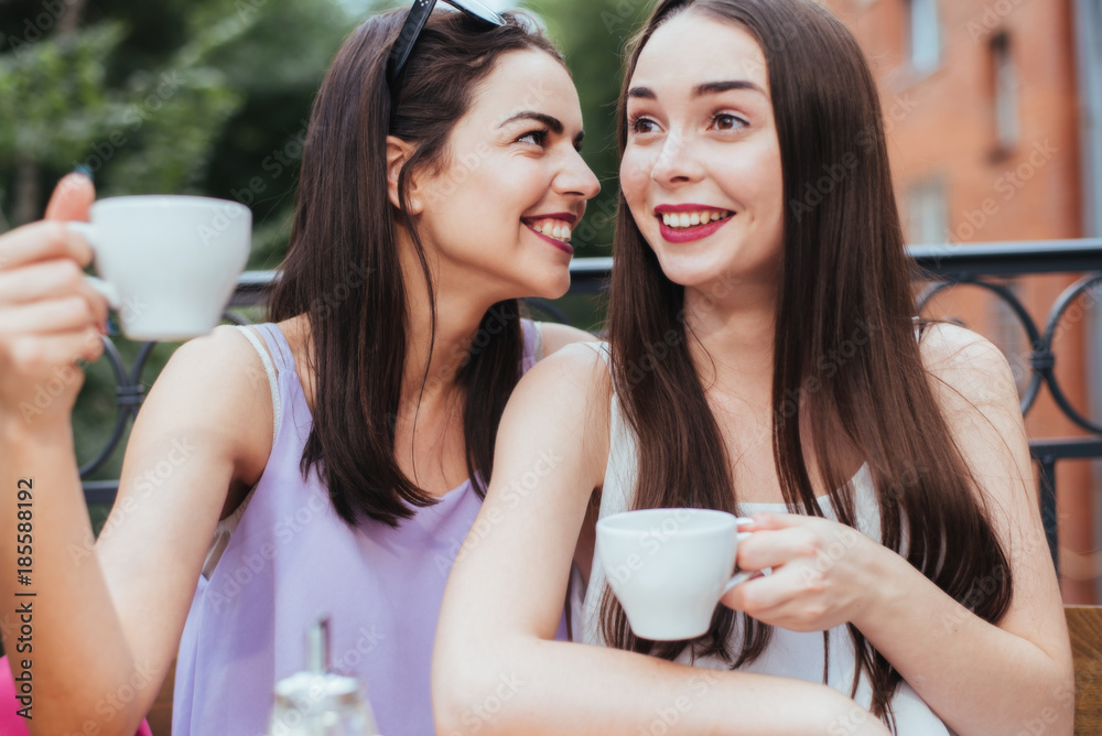Girlfriends are sitting in coffee and drinking tea Girlfriends are sitting in coffee and drinking tea