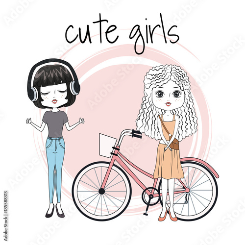 Cute girls friends with bike icon vector illustration graphic design