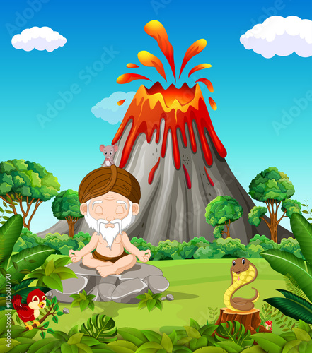 Old man doing meditation in the mountain