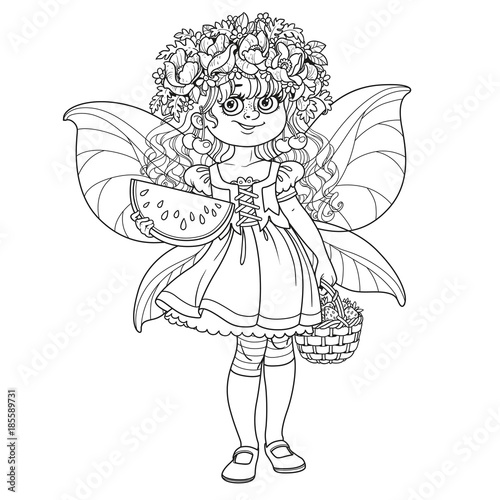 Cute girl in the costume of a summer fairy in flower wreath with watermelon and strawberry outlined isolated on a white background