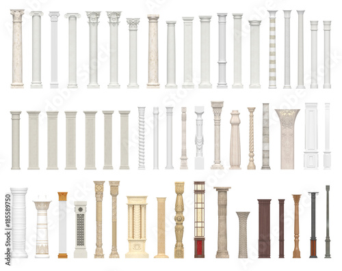 A set of columns and pillars of different styles. Architectural warrant isolated on white background. 3D visualization.
