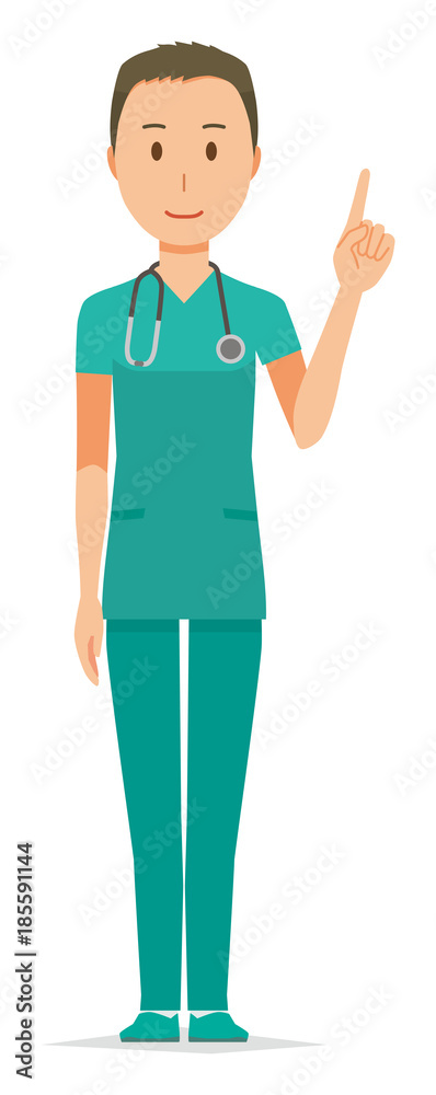 A male doctor wearing a green scrub is pointing
