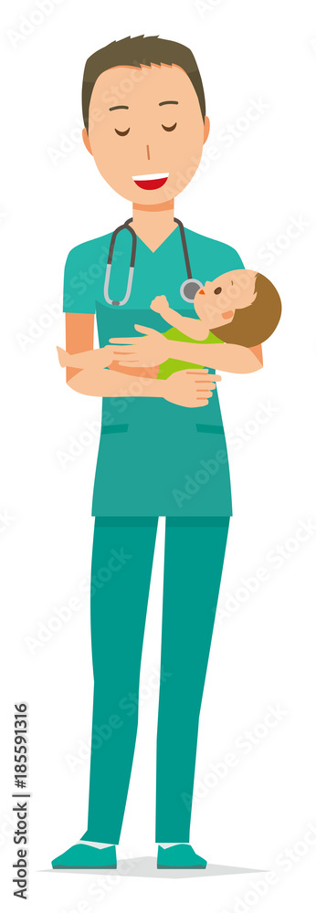 A male doctor wearing a green scrub is hugging a baby