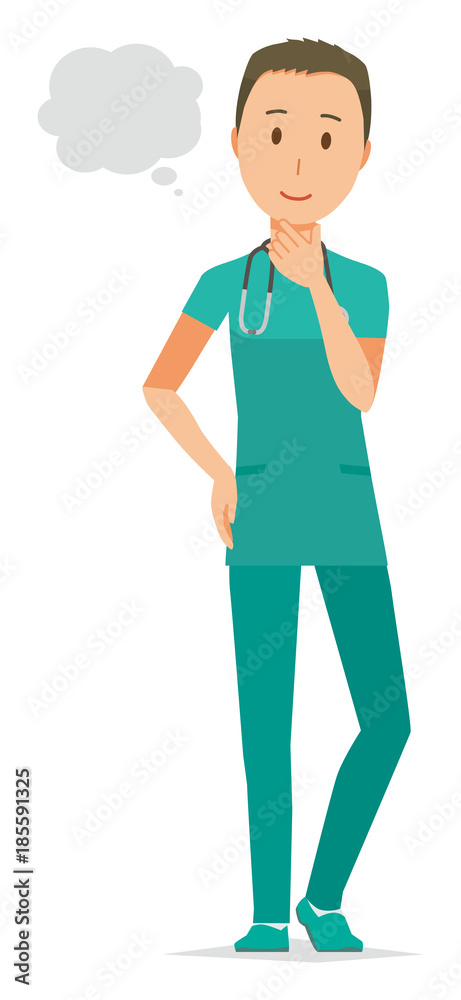 a male doctor wearing a green scrub is imagining