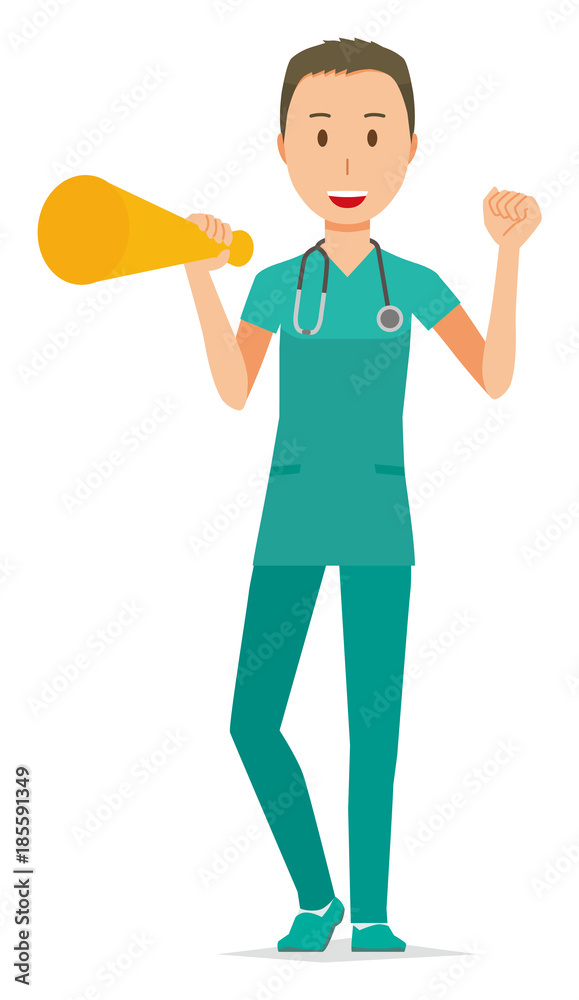 A male doctor wearing a green scrub has a megaphone A male doctor wearing a green scrub has a megaphone