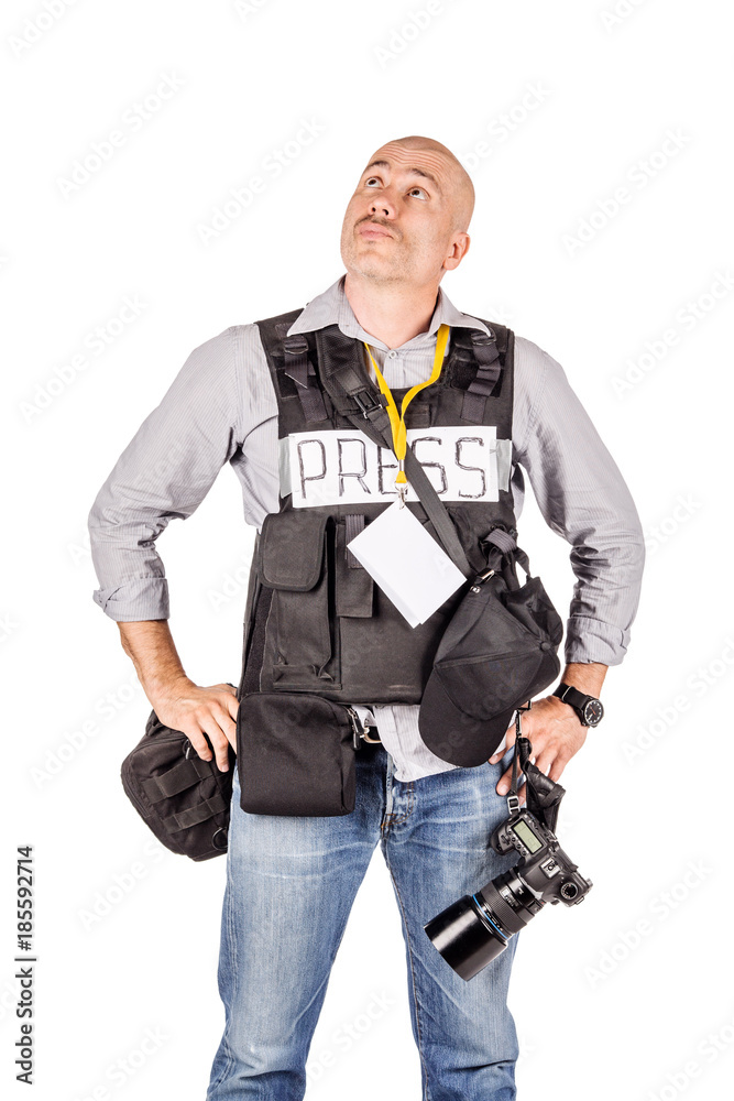 military press photographer with a professional camera. Isolated on white background