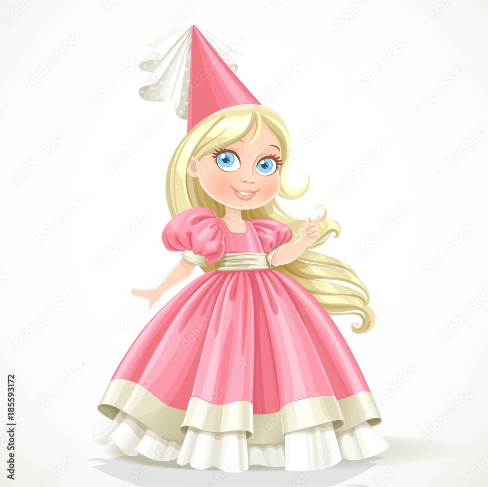 Little princess in a pink dress with long blond hair isolated on