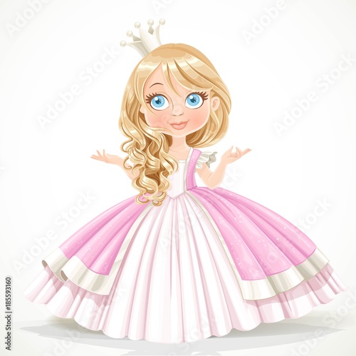 Little princess in crown wearing in magnificent dress isolated o