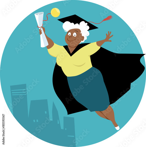 Mature black woman in a graduation cap and gown with a grade school diploma, EPS 8 vector illustration