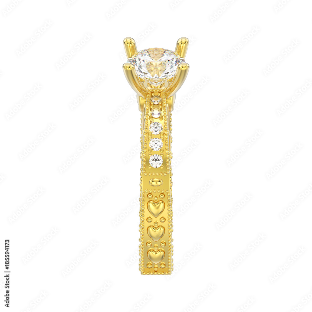 3D illustration isolated yellow gold decorative diamond ring with ornament and hearts