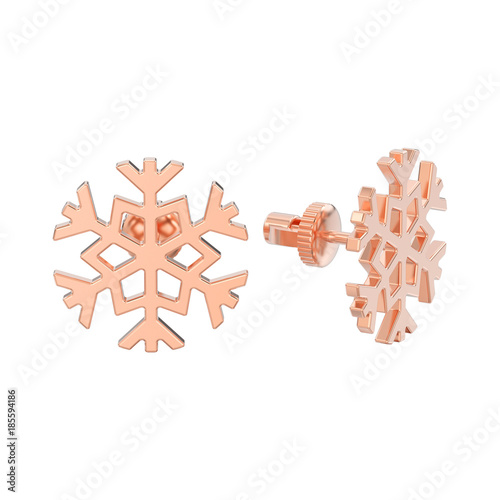 3D illustration isolated rose gold snowflake stud earrings