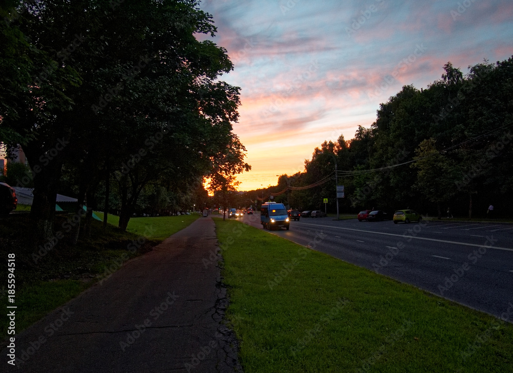 Colorful sunset evening in the summer in Moscow 
