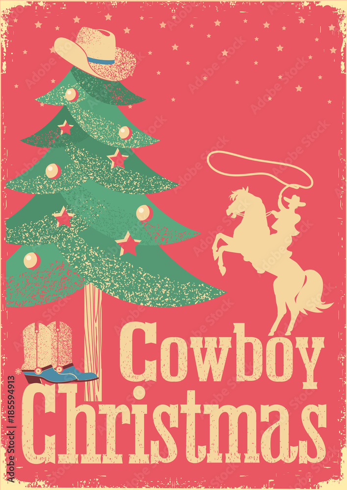 Naklejka premium Cowboy Christmas card with tree and winter holiday decoration