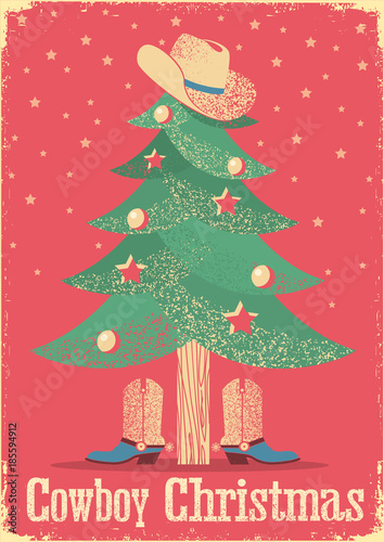 Cowboy Christmas card with tree and western clothes.