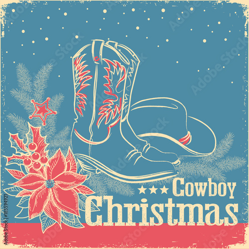 Cowboy Christmas retro card with american western shoes and cowboy hat on old paper texture