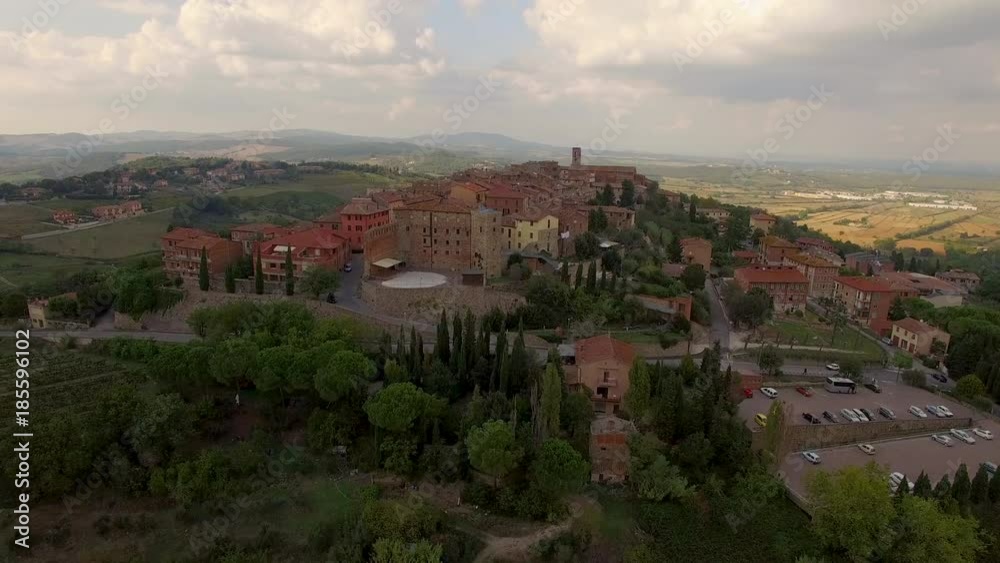 Drone shot circling then flying over Montepulciano Drone shot circling then flying over Montepulciano