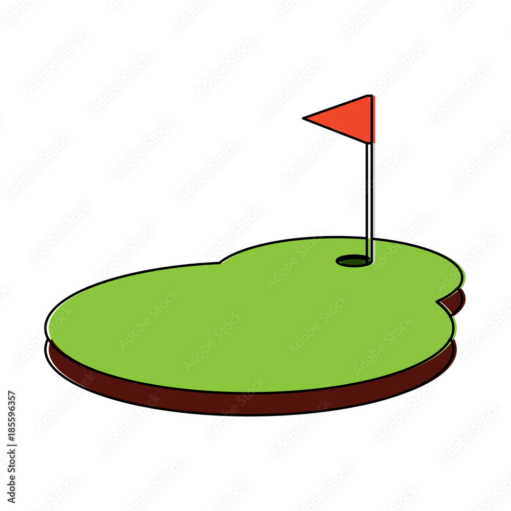 cartoon golf flag with hole grass field vector illustration