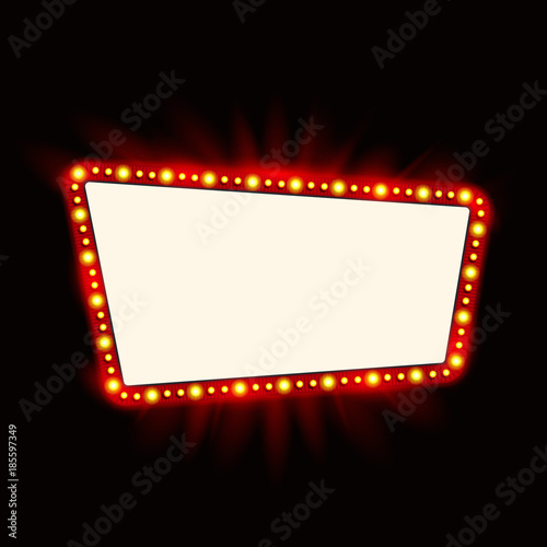 Retro Showtime 1950s Sign Design. Neon Lamps billboard on dark background. American advertisement, vector illustration. Cinema and theater Signage Light Bulbs Frame for Sale flyers