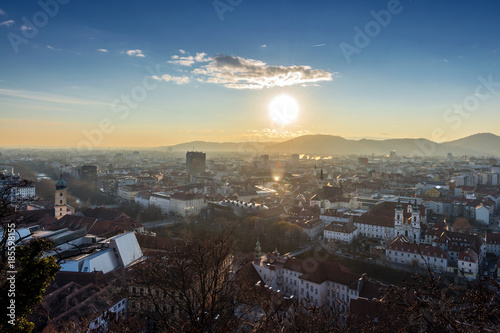View over Graz with Kunsthaus and Mur  Styria  Austria