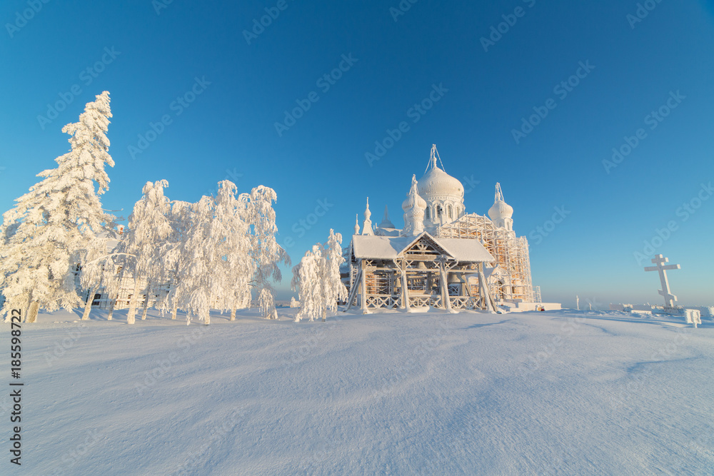 Amazing frosty morning on the White mountain. The Belogorsky monastery. Perm Krai. Russia. 08.01.2017. Temperature - 30 degrees