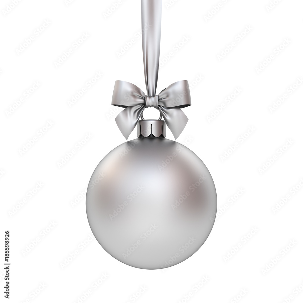 Christmas ball hanging with silver ribbon and bow isolated on white background. 3D rendering. Christmas ball hanging with silver ribbon and bow isolated on white background. 3D rendering.