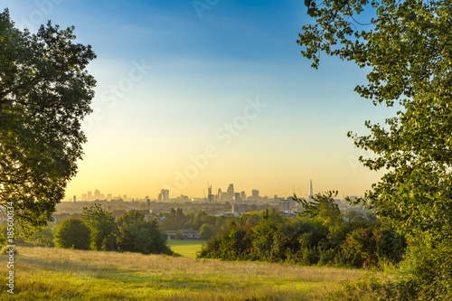 Photography The City of London Cityscape at Sunrise with early Morning Mist from Hampstead Heath