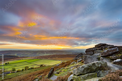 Sunset from Stanage Edge, in the Peak District National Park, Derbyshire, England, UK photo