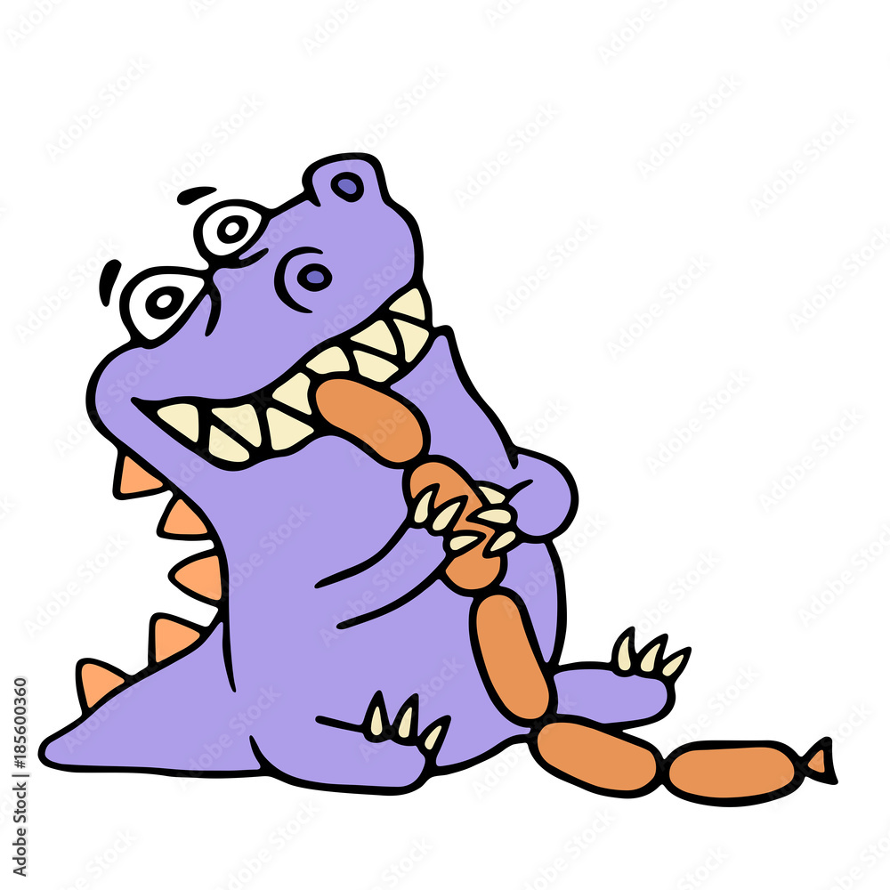 Fototapeta premium Dinosaur eats sausages. More food. Vector illustration.