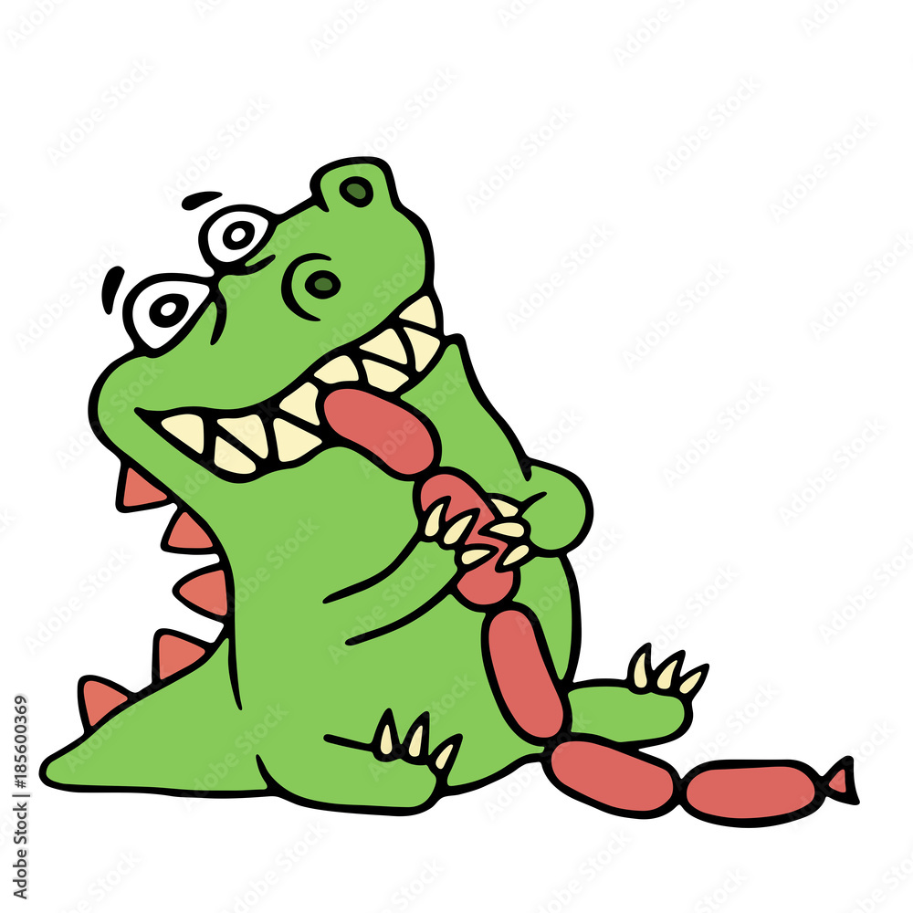 Obraz premium Dragon eats sausages. Isolated vector illustration.