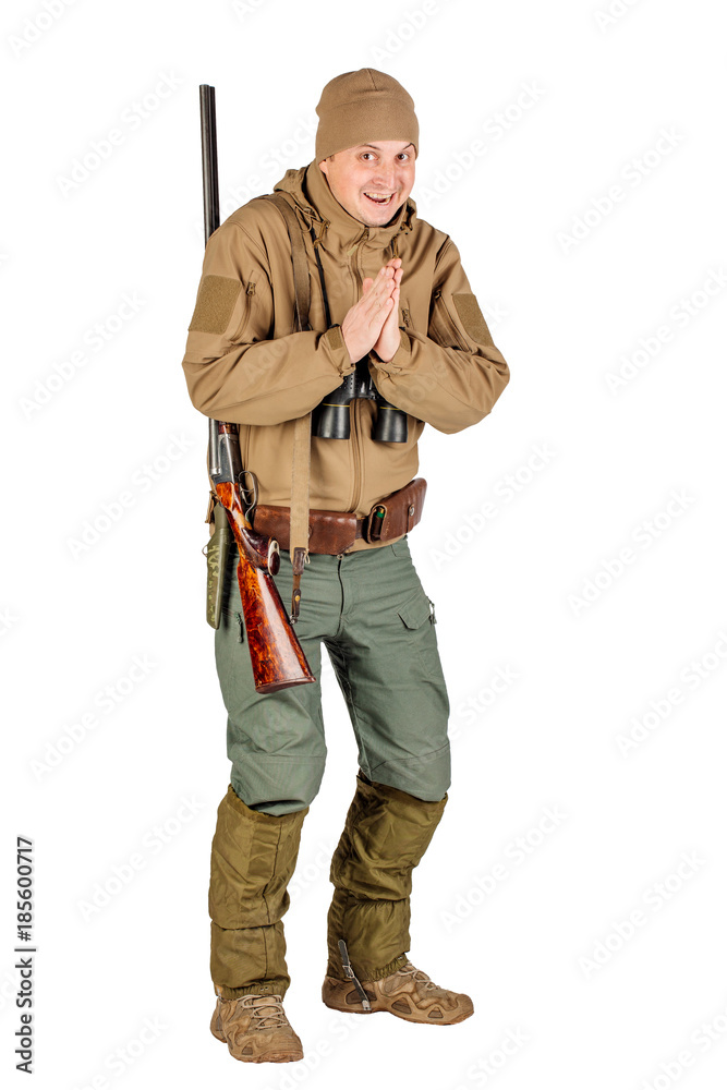 male hunter with double barreled shotgun Isolated on white background. hunting and people concept. male hunter with double barreled shotgun Isolated on white background. hunting and people concept.