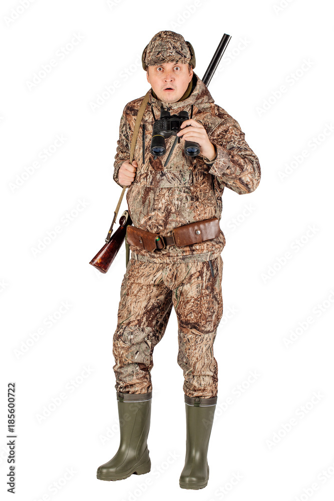 male hunter with double barreled shotgun Isolated on white background. hunting and people concept. male hunter with double barreled shotgun Isolated on white background. hunting and people concept.