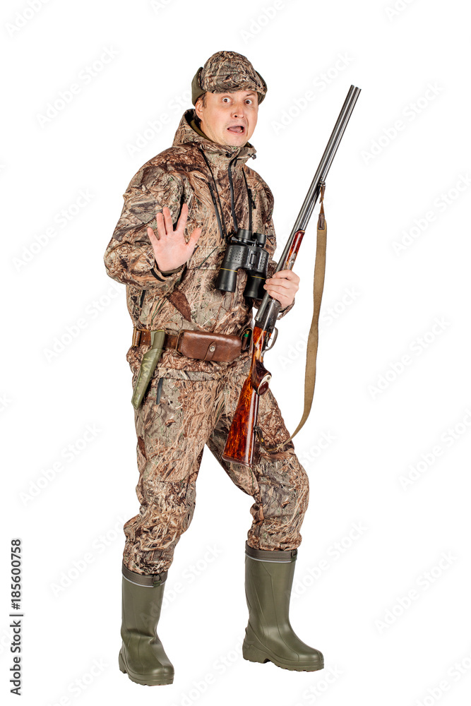 male hunter with double barreled shotgun Isolated on white background. hunting and people concept. male hunter with double barreled shotgun Isolated on white background. hunting and people concept.