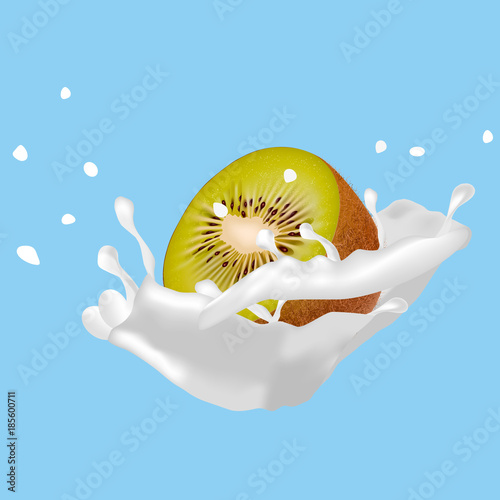 Half-cut kiwi in splashes of fresh milk or cream.