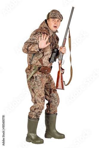 male hunter with double barreled shotgun Isolated on white background. hunting and people concept.