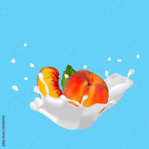 Tasty and juicy peach in splashes of fresh milk or cream.