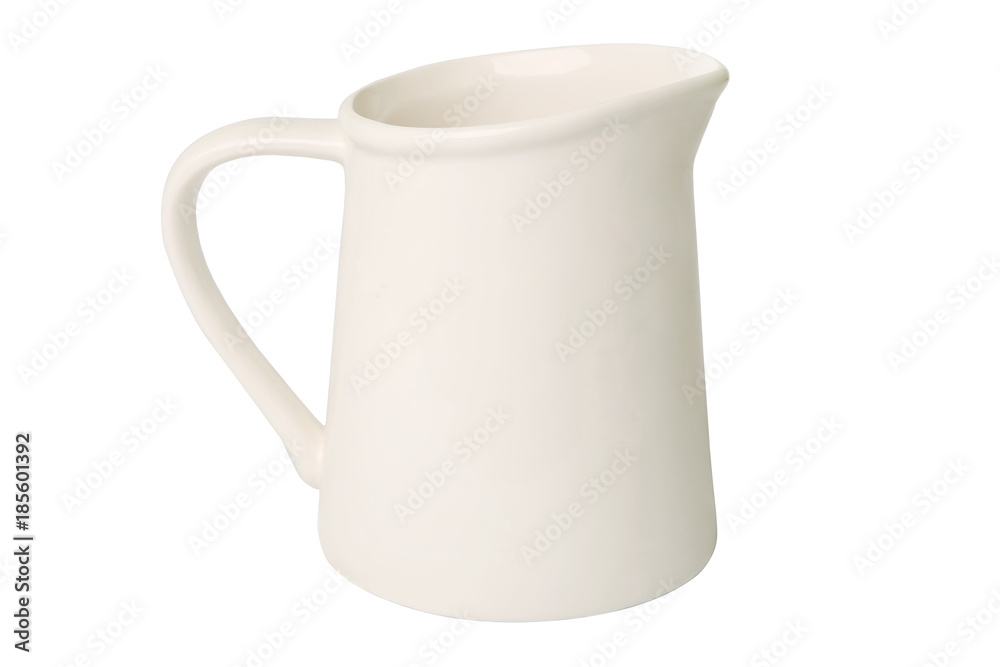 White jug isolated on white background. Ceramic rustic empty jug. White jug isolated on white background. Ceramic rustic empty jug.