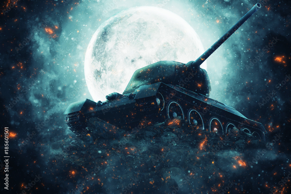 Battle tank in the light of the full moon