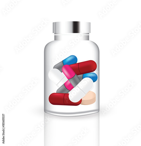 Mix Medicine Pill and Vitamin with Glass Bottle Jar Background Illustration