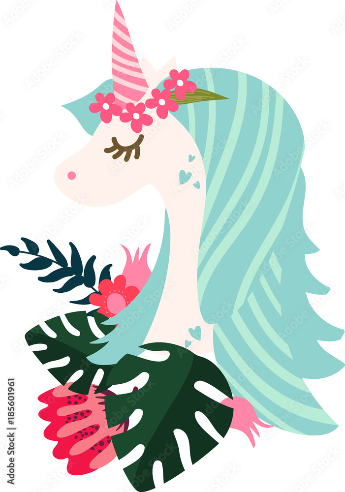 Fototapeta premium Blue unicorn in floral