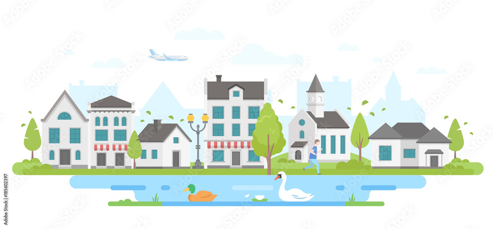 Cityscape with a pond - modern flat design style vector illustration