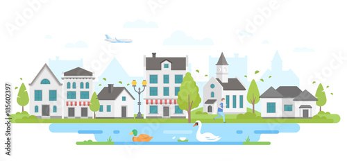 Cityscape with a pond - modern flat design style vector illustration