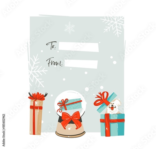 Hand drawn vector abstract Merry Christmas and Happy New Year time cartoon illustrations greeting card tag template with big gift boxes,snow globe sphere and pet dog isolated on white background