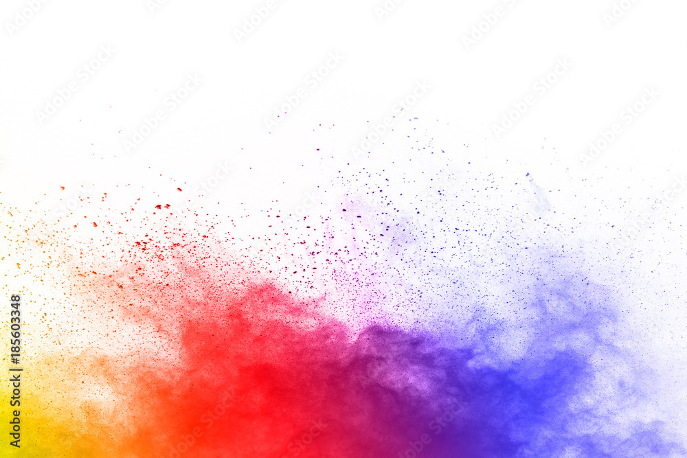 Fototapeta premium abstract multicolored powder splatted on white background,Freeze motion of color powder exploding.