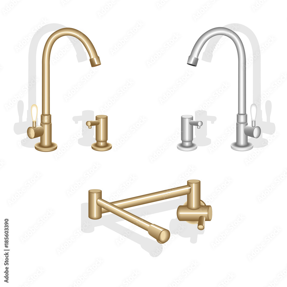 Clean white kitchen sink, brass kitchen water tap and soap dispenser. Vecror illustration isolated on white background.