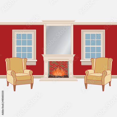 Living room interior with traditional fireplace and chairs. Vector illustration.