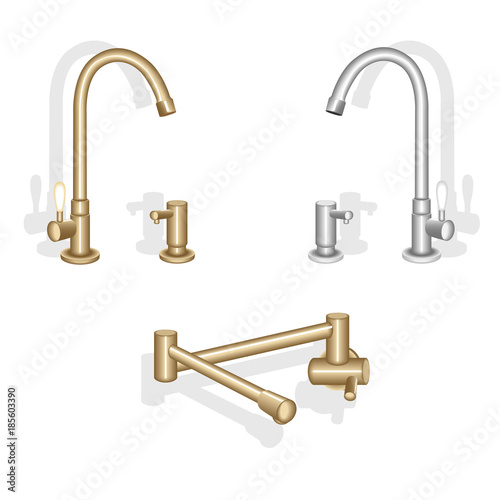 Clean white kitchen sink, brass kitchen water tap and soap dispenser. Vecror illustration isolated on white background.