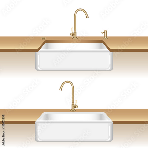 Clean white kitchen sink, brass kitchen water tap and soap dispenser. Vecror illustration isolated on white background.